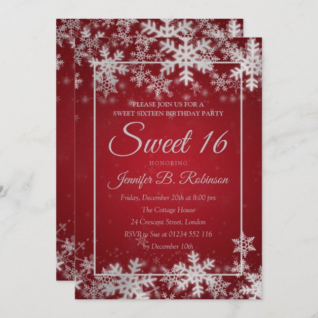 Sweet 16 Birthday Silver Red Foil Snowflakes Invitation (Front/Back)
