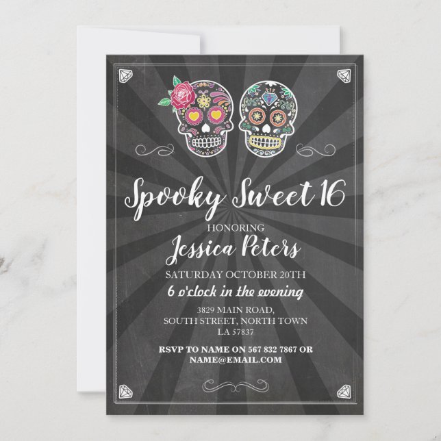 Sweet 16 Birthday Sugar Skull Halloween Invite (Front)
