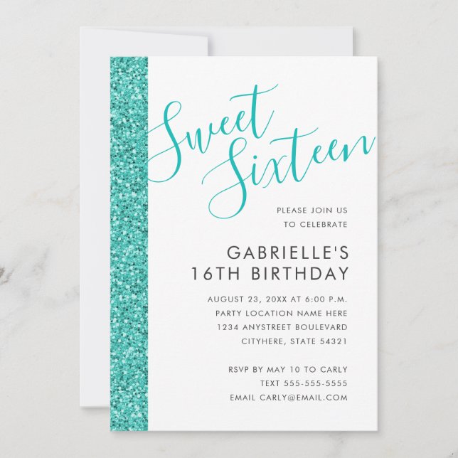 Sweet 16 Birthday Teal Blue Glitter Invitation (Front)