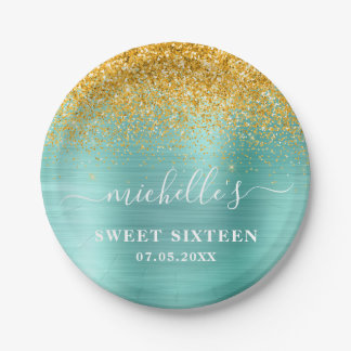 Sweet 16 Birthday Teal Gold Glitter Sparkle Name Paper Plate