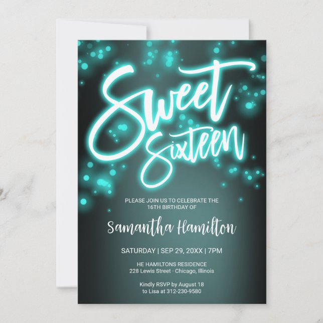Sweet 16 Birthday Teal Neon Glow Dark Party Invitation (Front)