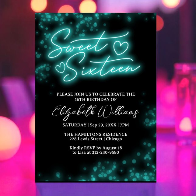 Sweet 16 Birthday Teal Neon Glow Dark Party Invitation (Creator Uploaded)