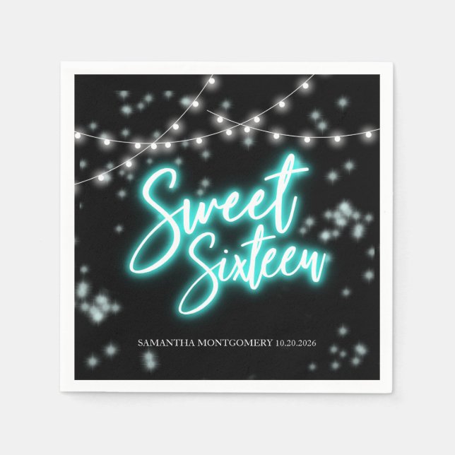 Sweet 16 Birthday Teal Neon Glow Dark Party Napkin (Front)