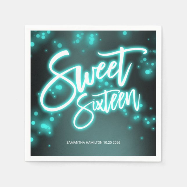 Sweet 16 Birthday Teal Neon Glow Dark Party Napkin (Front)