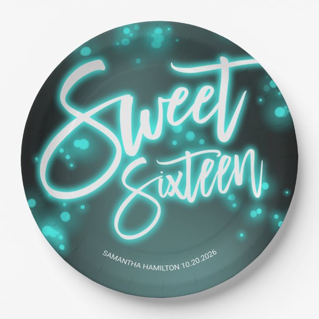 Sweet 16 Birthday Teal Neon Glow Dark Party Paper Plate (Front)