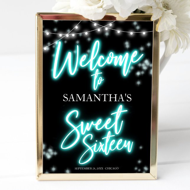 Sweet 16 Birthday Teal Neon Glow Welcome Sign (Creator Uploaded)