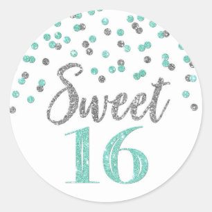 Sweet 16 Birthday Turquoise Blue Silver Confetti Classic Round Sticker