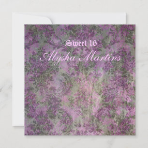 Sweet 16 Birthday Vintage Floral Damask Purple Invitation