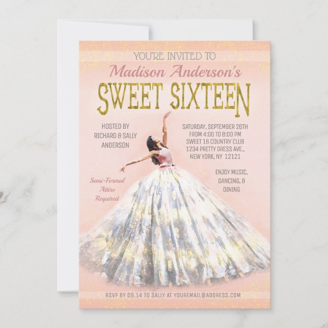 Sweet 16 Birthday Watercolor Dress Blush Pink Gold Invitation (Front)