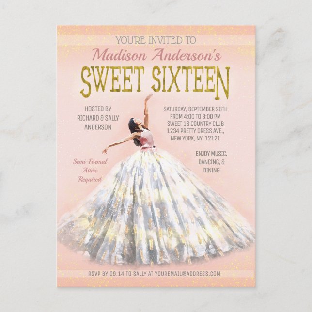 Sweet 16 Birthday Watercolor Dress Blush Pink Gold Postcard (Front)