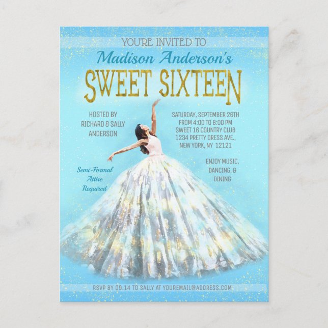Sweet 16 Birthday Watercolor Dress Royal Blue Gold Postcard (Front)