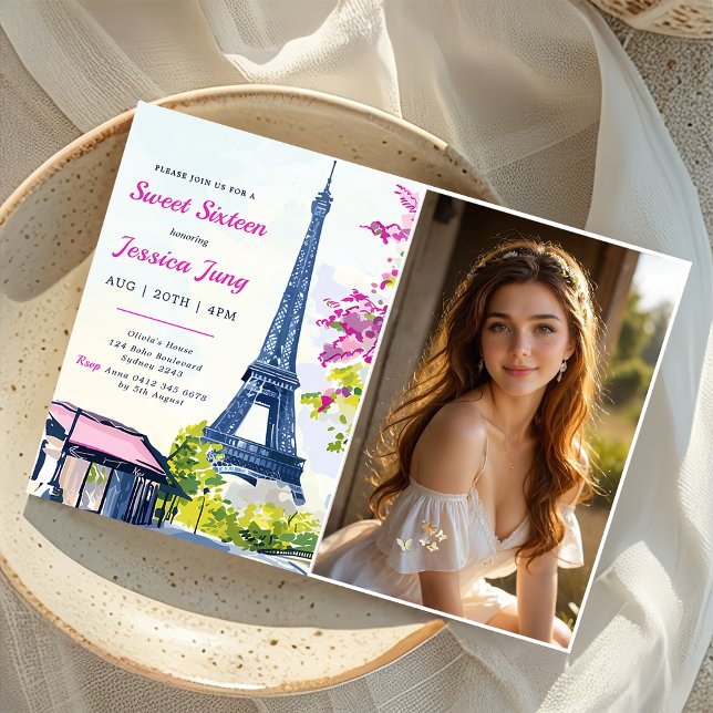 Sweet 16 Birthday Watercolor Floral Eiffel Photo Invitation (Creator Uploaded)