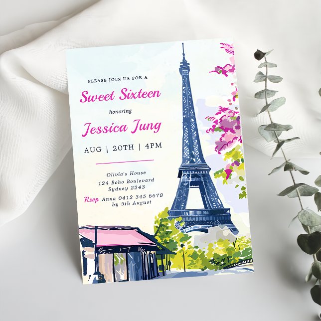 Sweet 16 Birthday Watercolor Floral Eiffel Tower Invitation (Creator Uploaded)