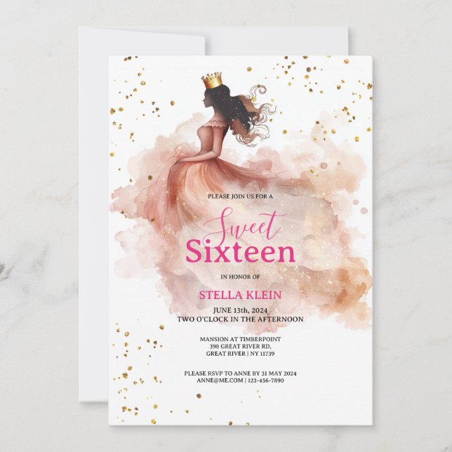 Sweet 16 Birthday – Watercolor Pink & Gold Glitter Invitation (Front)