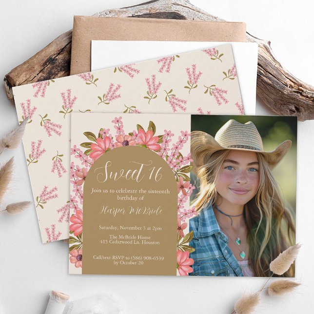 Sweet 16 Birthday Wildflowers Photo Floral Boho Invitation (Creator Uploaded)