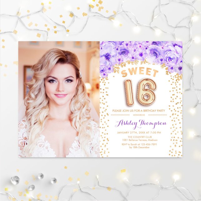 Sweet 16 Birthday With Photo - Gold Purple Floral Invitation (Creator Uploaded)