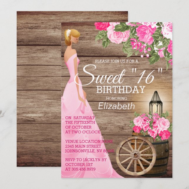 Sweet 16 Birthday - Wood Barrel & Pink Flowers Invitation (Front/Back)