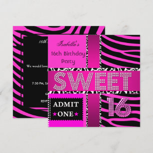 Sweet 16 Birthday Zebra Cow Hot Pink Black Invitation