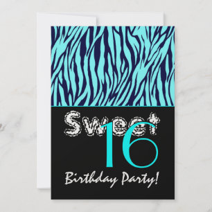 Sweet 16 Birthday Zebra Stripes Midnight Blue Aqua Invitation