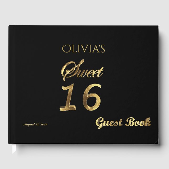 Sweet 16 Black and Gold Look Typography Elegant Guest Book (Front)