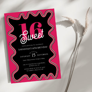 Sweet 16 Black and Pink Retro Wavy Sixteenth  Invitation