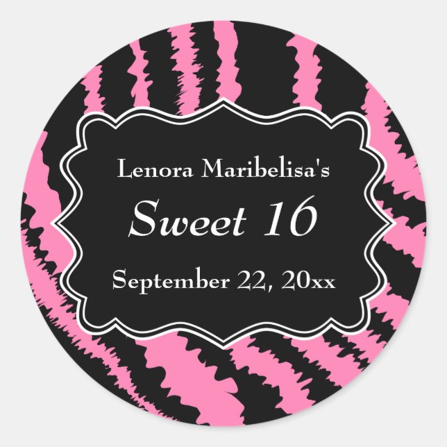 Sweet 16 Black and Pink Zebra Pattern Classic Round Sticker (Front)