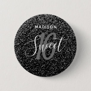 Sweet 16 Black and Silver Specks Personalised 6 Cm Round Badge