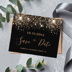 Sweet 16 black glitter budget save the date flyer