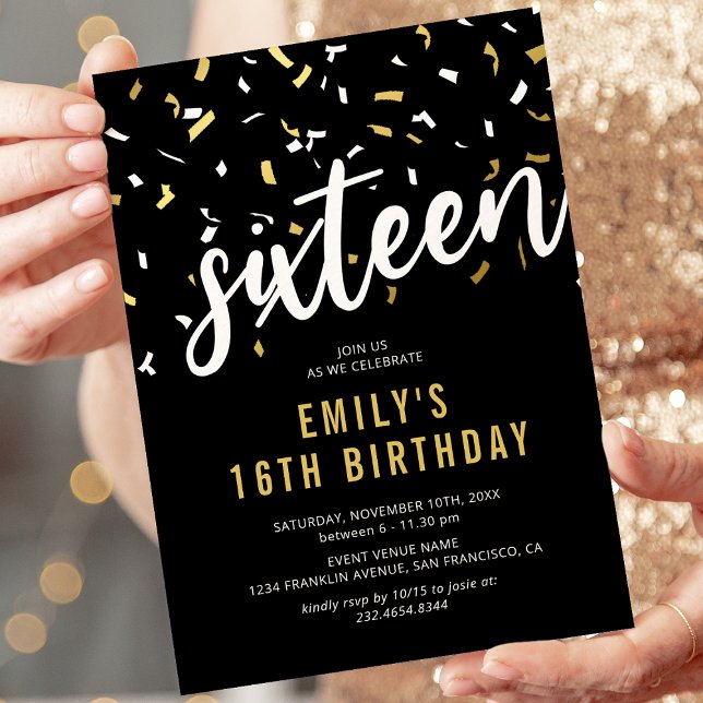 Sweet 16 Black Gold Confetti Invitation (Creator Uploaded)
