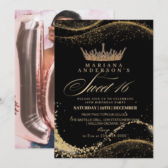  Sweet 16 Black & gold Crown Birthday Party Invitation (Front/Back)