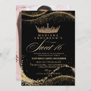  Sweet 16 Black & gold Crown Birthday Party Invitation