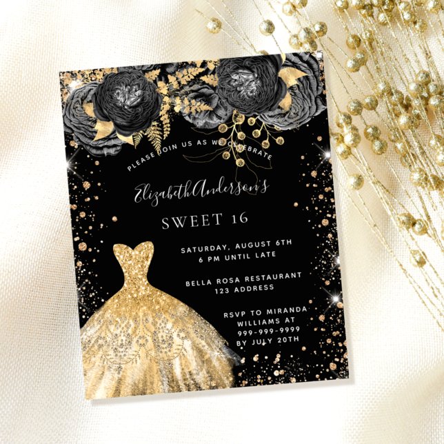 Sweet 16 black gold dress floral budget invitation (Creator Uploaded)