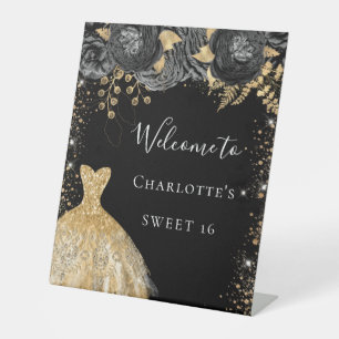 Sweet 16 black gold dress floral welcome pedestal sign