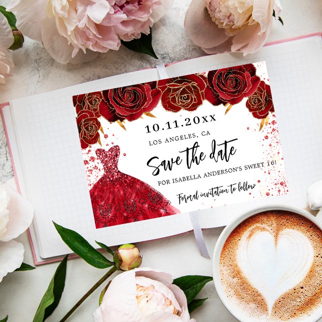 Sweet 16 black gold dress florals glamourous save the date (Creator Uploaded)