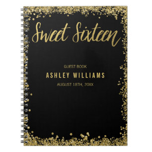 Sweet 16 Black Gold Faux Glitter Guest Book