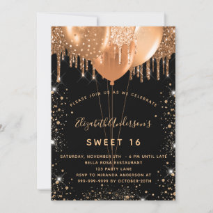 Sweet 16 black gold glitter balloons invitation