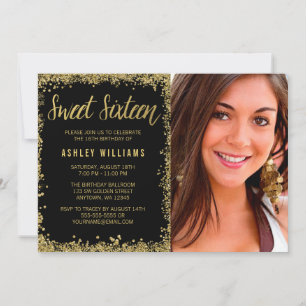 Sweet 16 Black Gold Glitter Birthday Invitation
