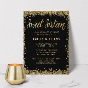 Sweet 16 Black Gold Glitter Birthday Invitation