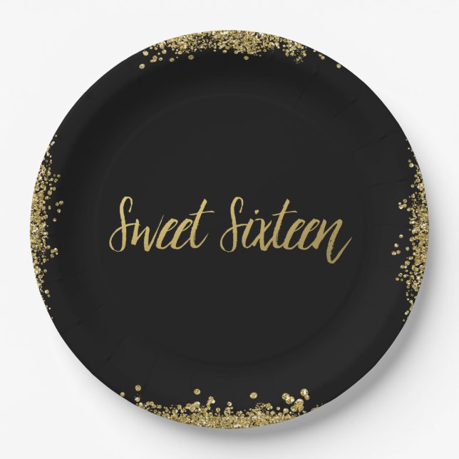Sweet 16 Black Gold Glitter Birthday Paper Plate (Front)