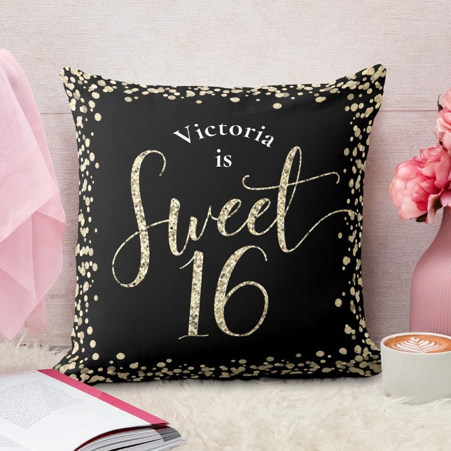 Sweet 16 Black Gold Glitter Confetti Birthday Chic Cushion (Creator Uploaded)