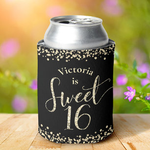 Sweet 16 Black Gold Glitter Confetti Chic Birthday Can Cooler
