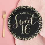Sweet 16 Black Gold Glitter Confetti Chic Birthday Paper Plate<br><div class="desc">“Happy Sweet 16”. Celebrate her birthday with this fun, stunning, simple, personalised paper plate. Gold glitter script typography and confetti overlay a black background. Personalise the custom text with your daughter’s name. Your choice of 2 sizes: 7” or 9”. Great for the budding fashionista who loves modern glitter and glam...</div>
