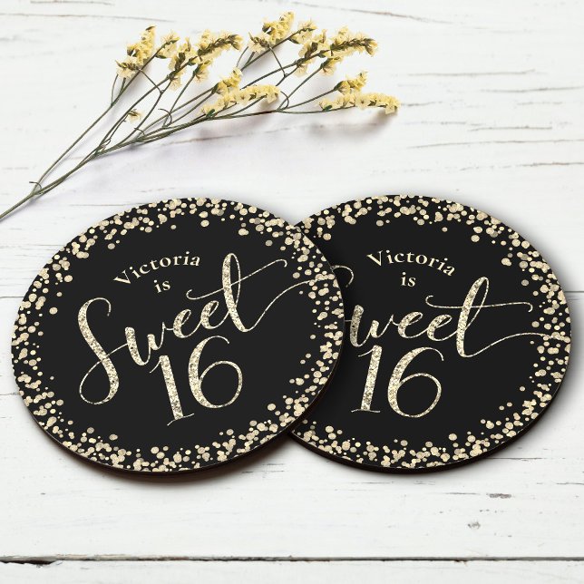 Sweet 16 Black Gold Glitter Confetti Chic Birthday Round Paper Coaster (Creator Uploaded)
