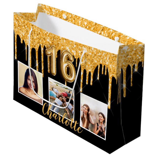 Sweet 16 black gold glitter drips photo birthday large gift bag (Front Angled)