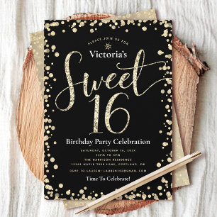 Sweet 16 Black Gold Glitter Script Birthday Chic Invitation