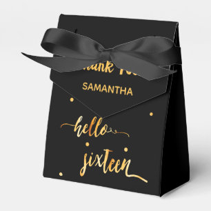 Sweet 16 black gold hello 16 typography name favour box
