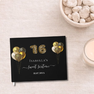 Sweet 16 black gold leopard print balloons guest book
