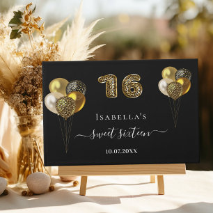 Sweet 16 black gold leopard print balloons guest book