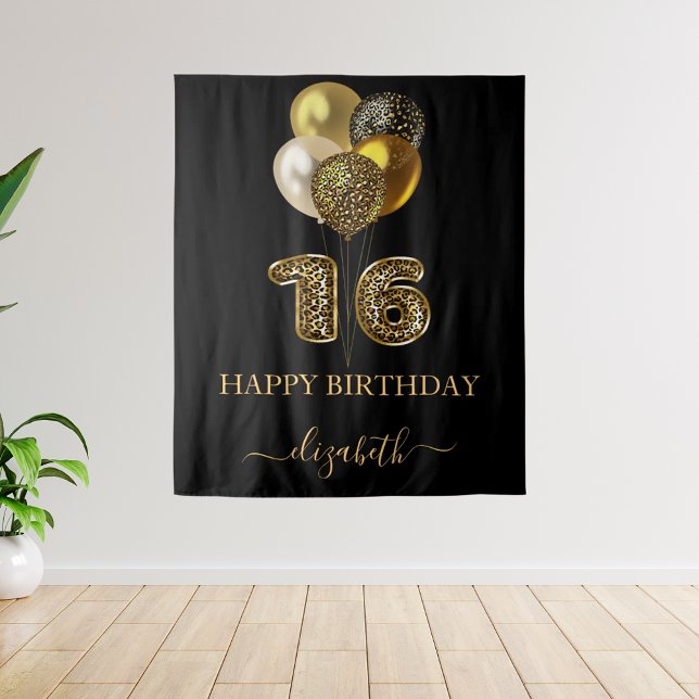 Sweet 16 black gold leopard print balloons tapestry (Creator Uploaded)