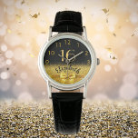 Sweet 16 black gold monogram name watch<br><div class="desc">Elegant,  classic,  glamorous and feminine.  A faux gold colored bow,  a bit of bling and luxury for a birthday gift or keepsake.  Black background. Templates for her name,  and the age 16. The name is written with a modern hand lettered style script.  Golden colored numbers from 9 to 3</div>